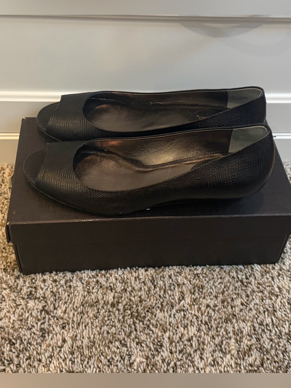 Cole Haan Nike Air Elly ballet black leather lizard texture open toe wedge shoes